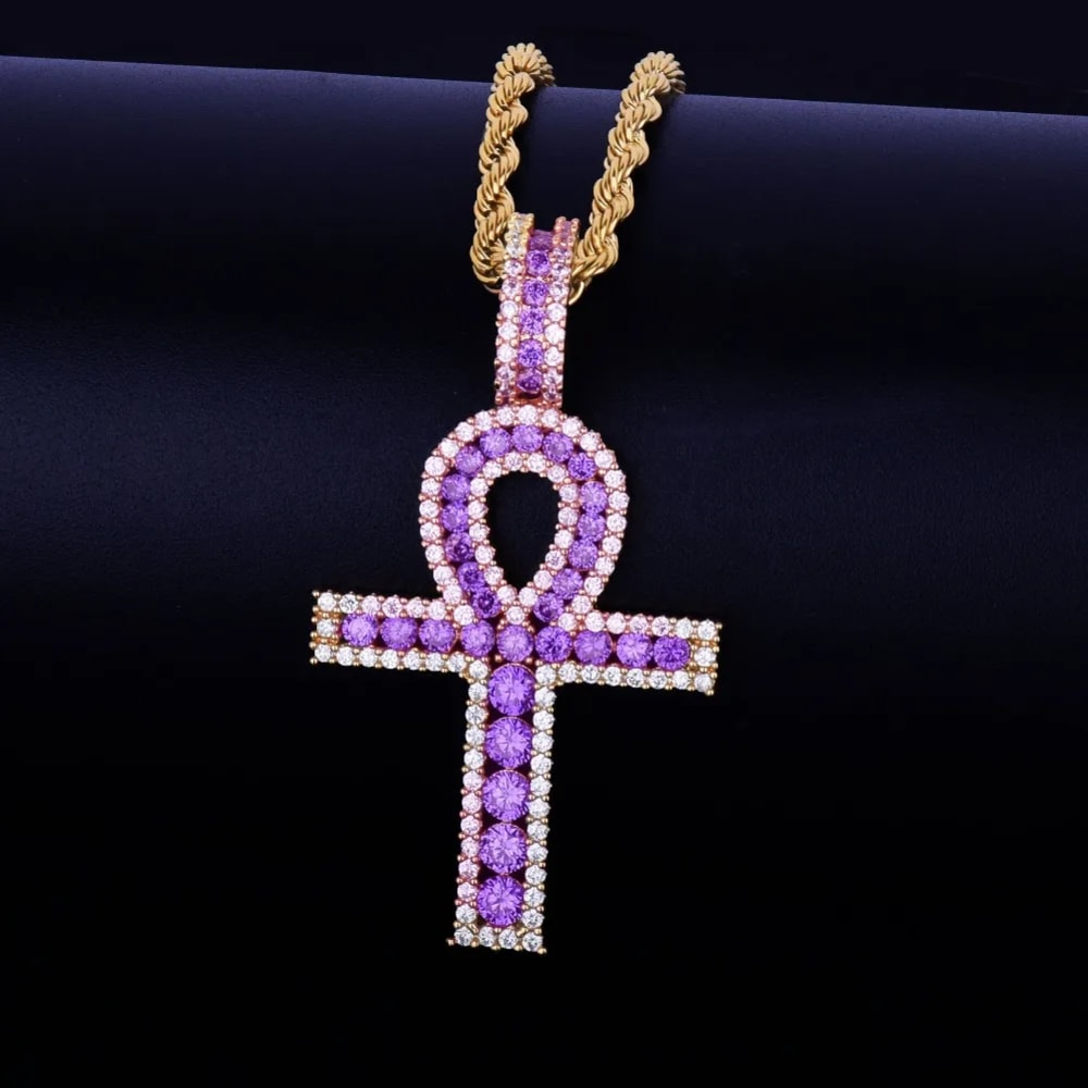 Egyptian Iced Out Ankh Pendant With Gold Rope Chain